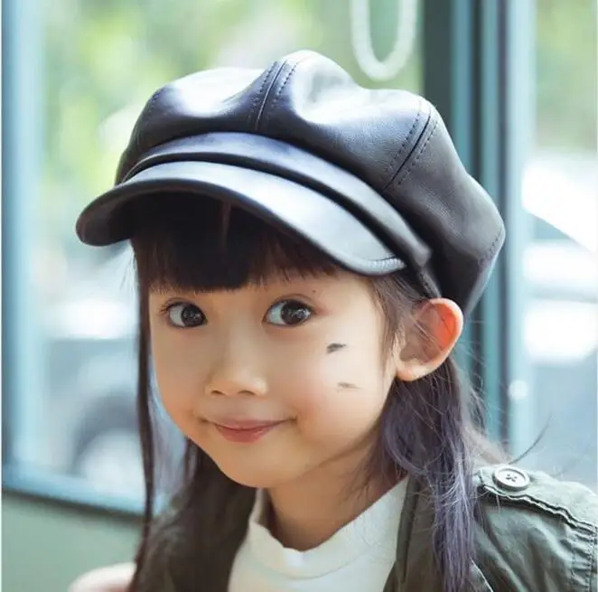 

Autumn Winter Cap Chlidren's Beret male Octagonal Cap Toddler Hat PU Leather Hat Peaked Cap Painter Baby Hat