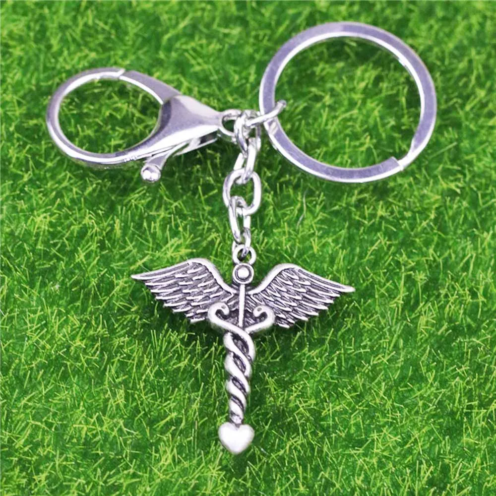 

36*35mm Tkuamigo Nurse Keyring Silver Metal Doctor Medical Symbol Keychain Caduceus Jewelry for Charity Encourage A215