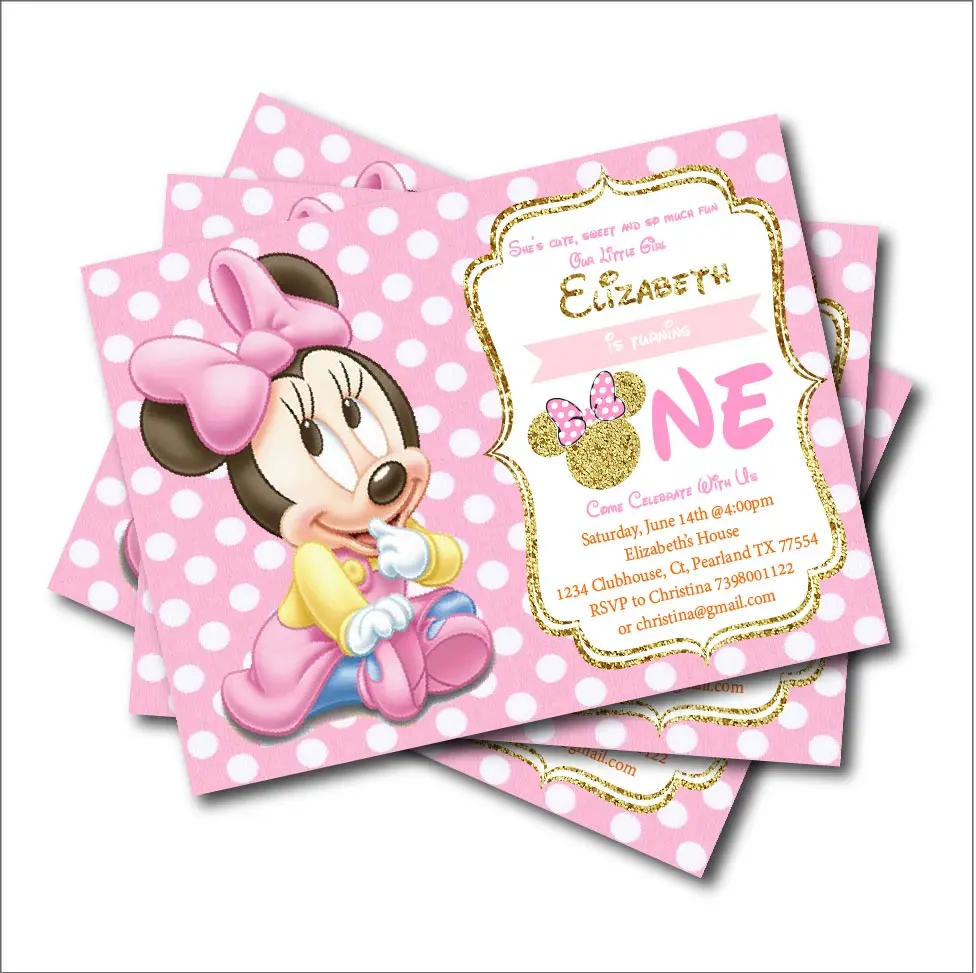 20 piunids/lote Minnie Mouse invitaciones de cumpleaños para niños