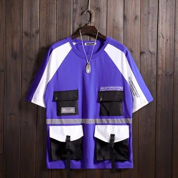 

Hip Hop Patchwork Tshirt Men Pocket Streetwear Funny Man Short Sleeve Aesthetic Tee Punk Rock Rave Fashion Mens Clothing G6G59