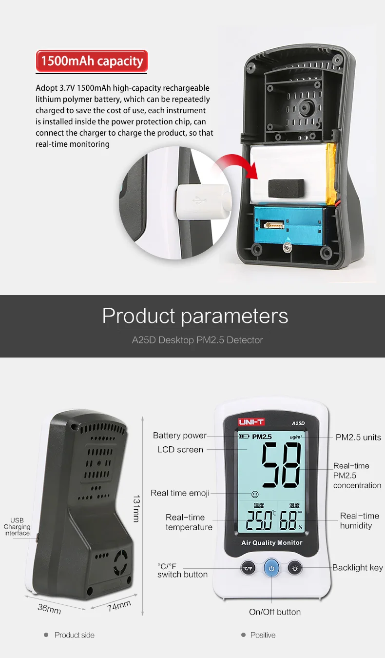 UNI-T A25D PM2.5 тестеры измерения качества воздуха детектор Автоматический диапазон перегрузки индикация газа Температура Влажность монитор