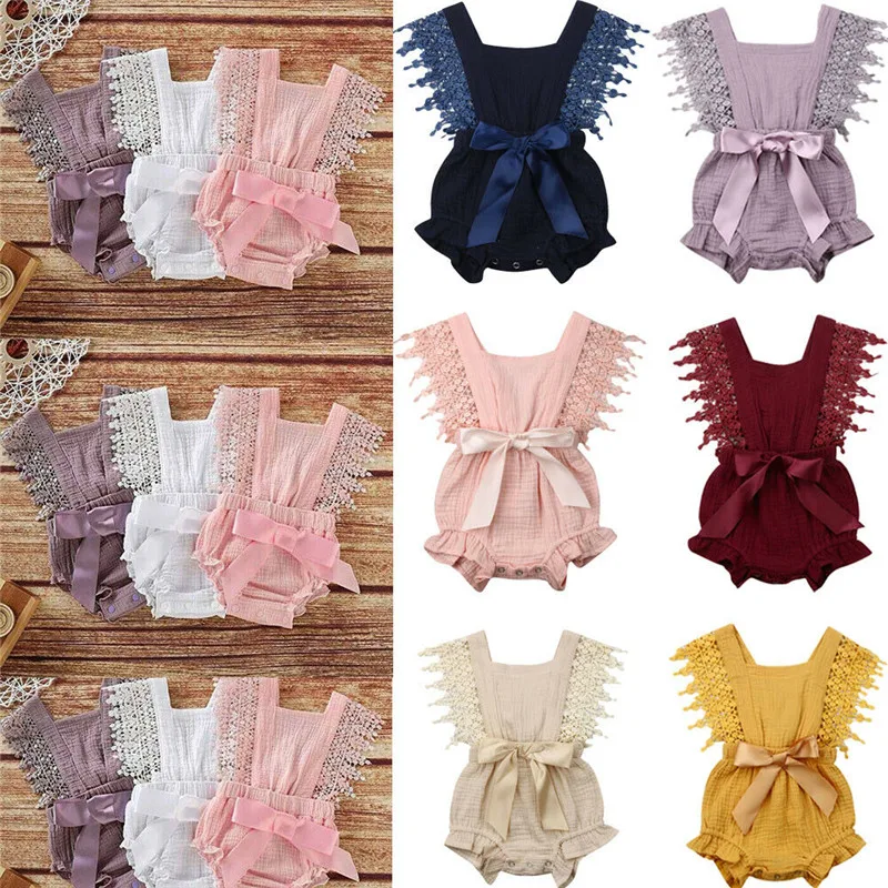 

6 Colors Solid Lace Romper Newborn Baby Girls Cotton Linen Bow-knot Ruffle Romper Lace Jumpsuits Clothes Outfits 0-24M