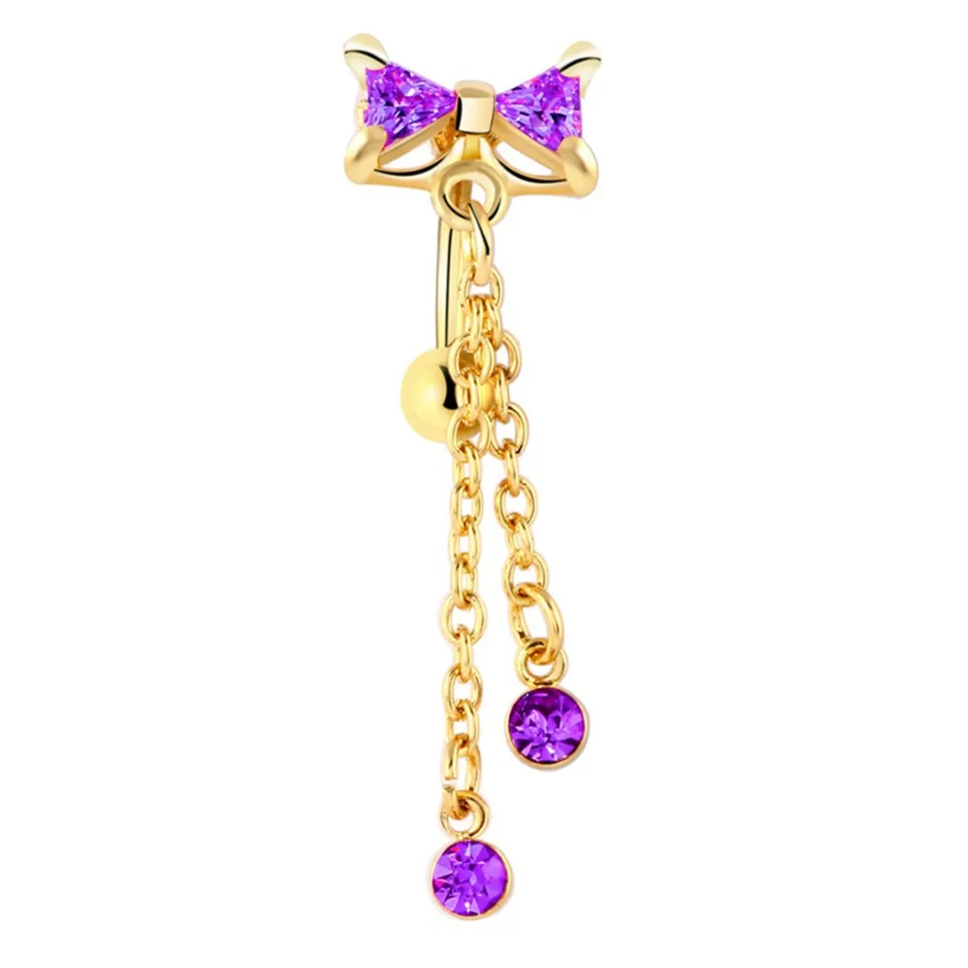 Women Bowknot Crystal Dangle Barbell Belly Button Ring Trendy Gold Color Rhinestone Navel Piercing Body Jewelry Gift Shellhard
