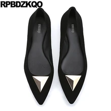 Металл весна осень замша надевать женщин плоские Работа Дамы красивые туфли дам Остроконечные офис черный Размер 35 Китайский весенняя последние отправка капель Мода европейская красивая