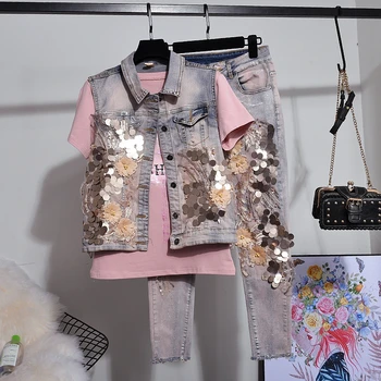 

Two Piece Set Women 2019 Summer New Fashion Heavy Sequined Short Waistcoat Slim Denim Jacket + Loose Jeans Suit Female Lady Sets