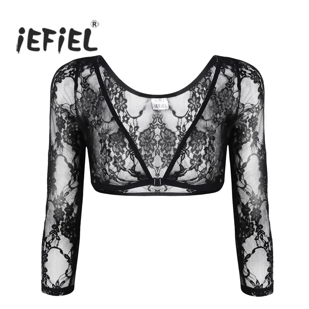 

iEFiEL Women Lingerie Fashion V-Neck See Through Floral Lace 3/4 Length Sleeve Slip-on Crop Top Short Cocktail Party Shirts