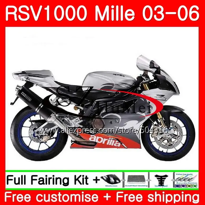 

Body For Aprilia RSV1000R Mille RSV1000 R RR 03 04 05 06 Silver black 82SH17 RSV1000RR RSV1000R 2003 2004 2005 2006 Fairing Kit