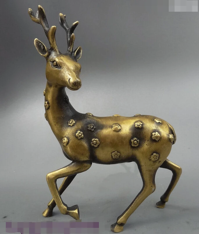 

S0413 17CM Folk China Chinese JiXiang Bronze Wealth Sika Deer Animal Statue Sculpture