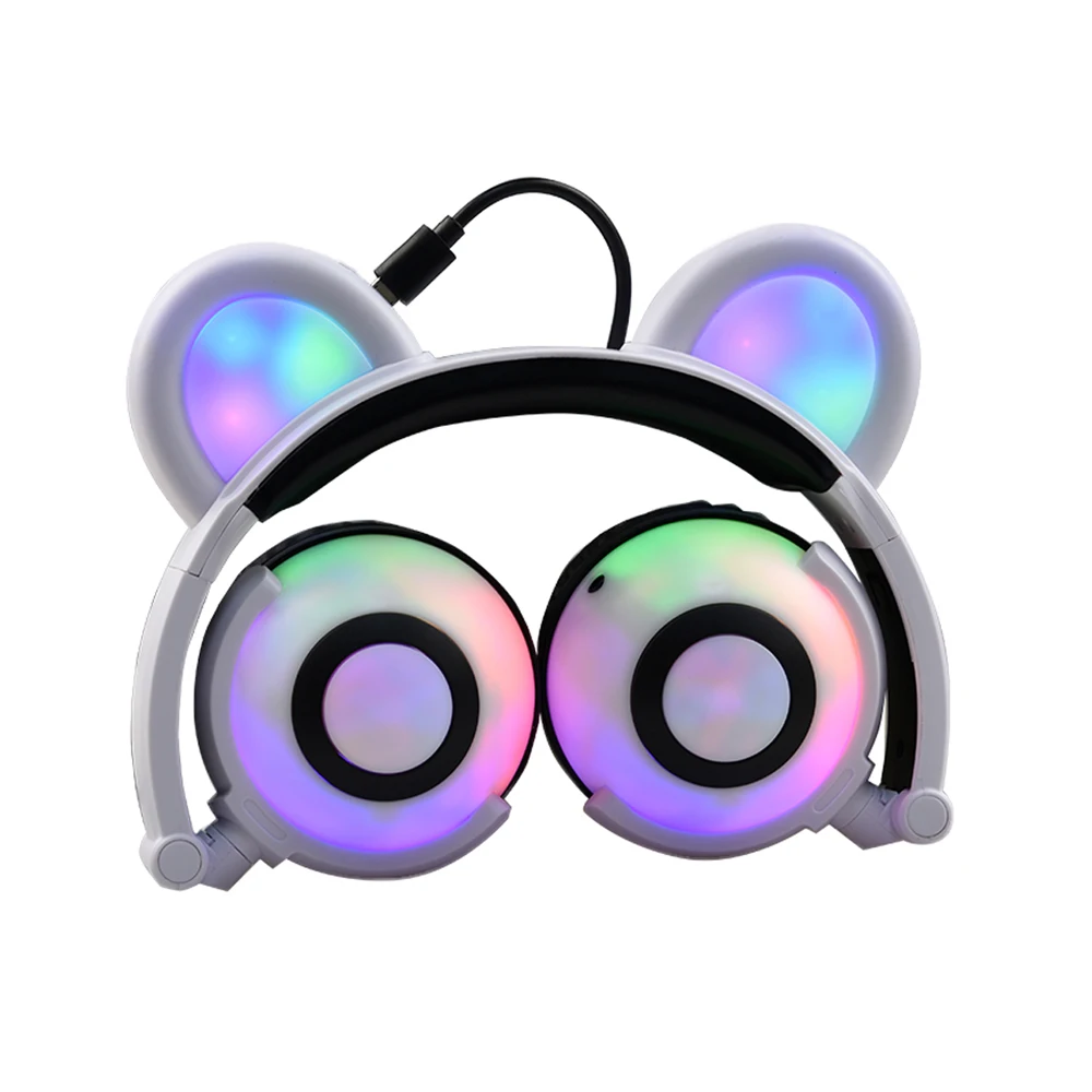 

Foldable Flashing Glowing Bear Ear Headphones Gaming Headset Panda Cosplay Earphone with LED light For PC Phones Girls Kids Game