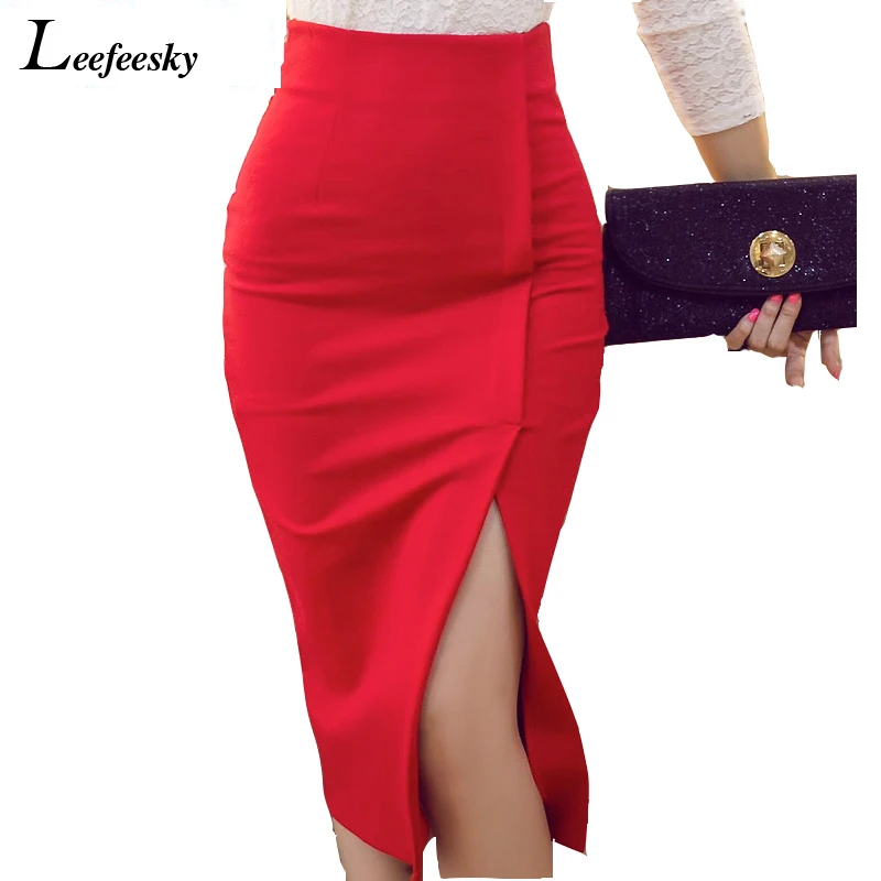 

New Skirts Women 2018 Autumn Winter High Waist Midi Lenght Tight Skirt Red Black Slit Bodycon Pencil Skirt Elegant Womens Office