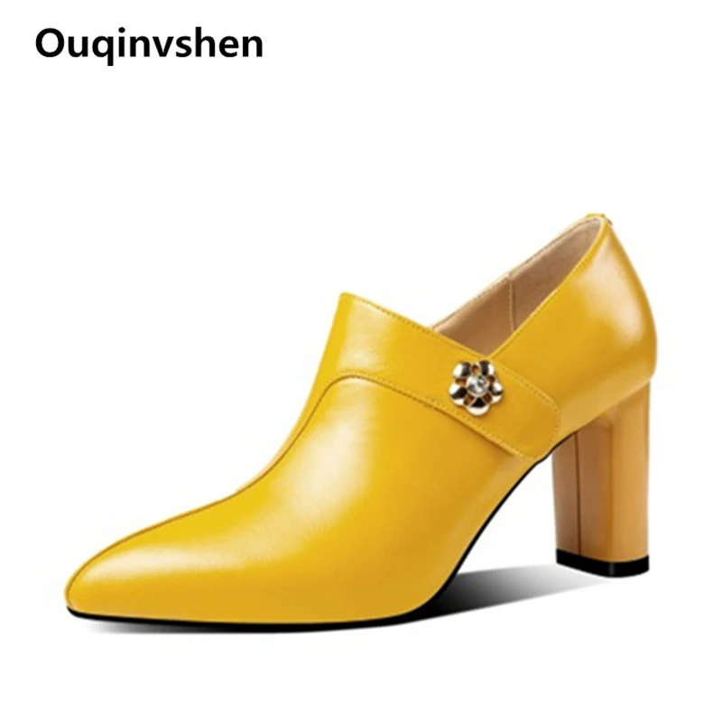 Ouqinvshen Genuine Leather Shoes Women Heels Fashion Sewing Rivet Zipper Thick Heels Yellow Heels Pointed Toe Sexy Ladies Pumps Ouqinvshen Genuine Leather Shoes Women Heels Fashion Sewing Rivet Zipper Thick Heels Yellow Heels Pointed Toe Sexy Ladies Pumps