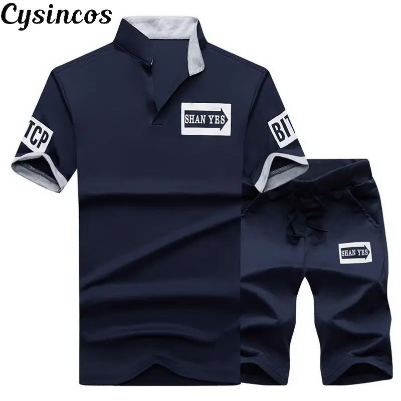 

CYSINCOS 2019 New Mens Shirt Short Sleeve+Shorts Suit Male Solid Jersey Breathable 2PC Top Short Fitness Sportsuits Set Men