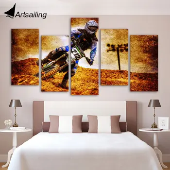 

ArtSailing 5 panel canvas Painting HD Printed Motocross for living room home decor print poster picture Free shipping/ny-4115