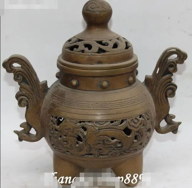 

8" Chinese Bronze Dragon Phoenix Animal 3 Foot Incense Burner Censer Incensory