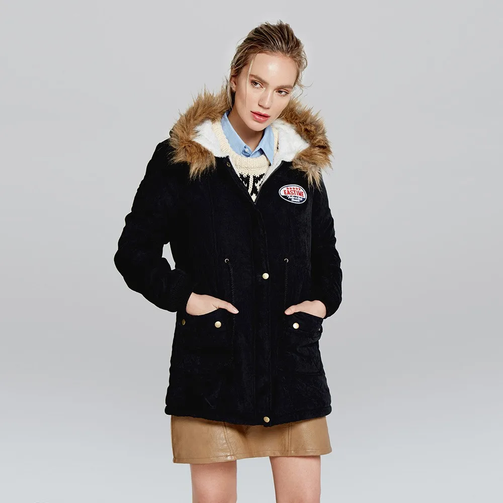 Manteau À De Épais Poches Col Fourrure Capuche Outwear Tops Chaud Zip Noir Mode Manteaux Hiver Abrigo Femmes Parka OBwxq1nI