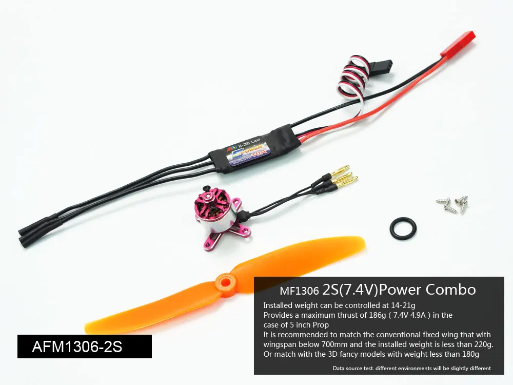 

Mini Power System 2S Combo with 1306/1308 Motor, ESC, Servo, Propeller for Wingspan below 800mm, Flying Weight less than 230g