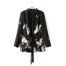 Модная женская куртка в стиле кимоно с принтом Красного коронованного Журавля, повседневное пальто с длинными рукавами, винтажные свободные топы с завязанным поясом C215