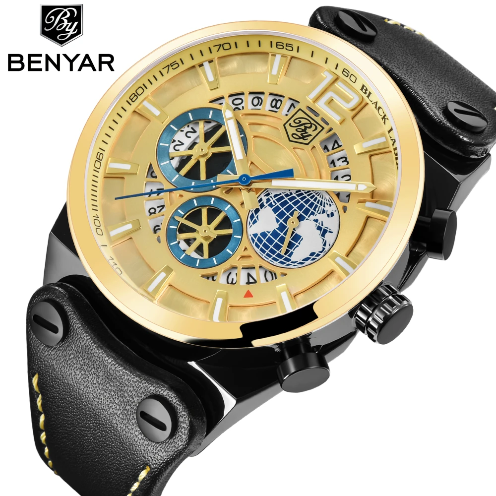 

BENYAR New Mens Watches 2019 Brand Luxury Gold Watch Men Big Dial Quartz Leather Band Waterproof Military Sport Watch WristWatch