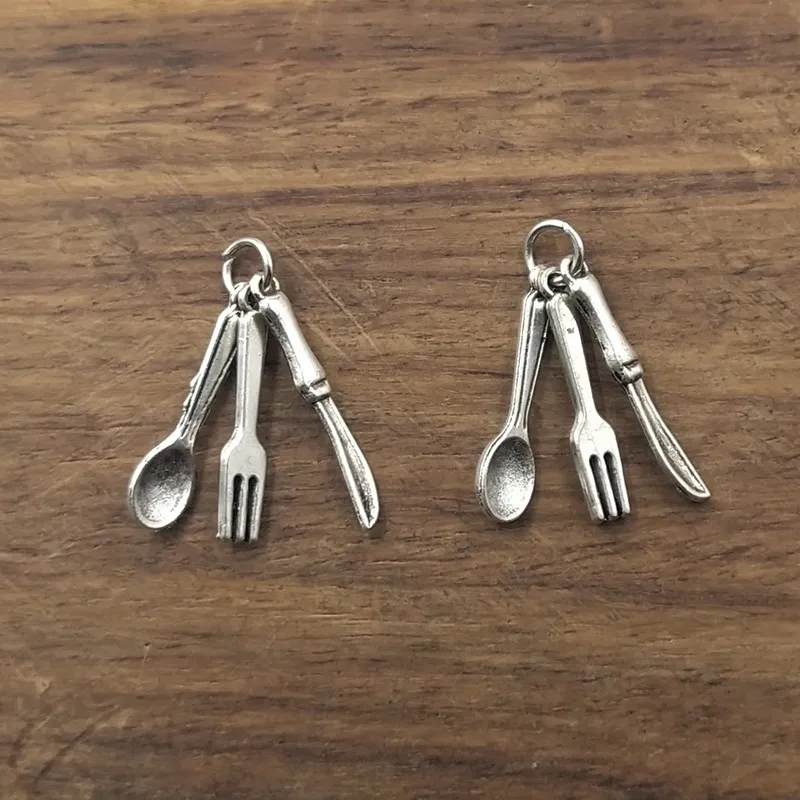 

10pcs Kitchen Charms Silver Tone Cutlery Fork Spoon and Knife on Jump Ring Charm