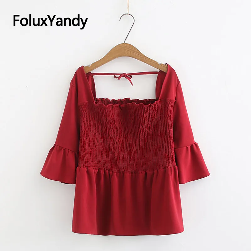 

Square Collar Summer Tops Three Quarter Flare Sleeve T-shirt Casual Loose Stretch Plus Size Women Tops KKFY3577