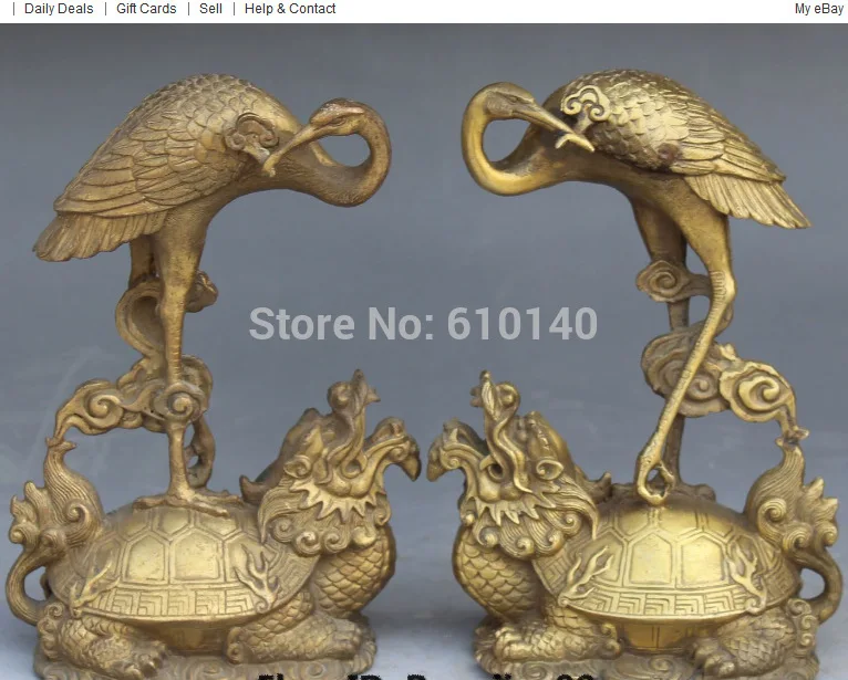 

7"Chinese Bronze Dragon Turtle Red-crowned crane Candlesticks Holder Statue Pair