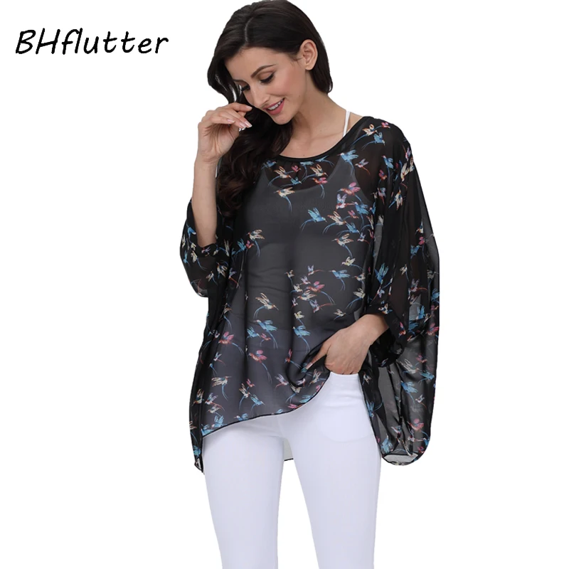 Prix BHflutter Plus La Taille 2018 Femmes Blouse Chemise Manches Chauve Souris Occasionnel D été Blouses Femme Noir Vintage En Mousseline de Soie Tops Chemises Blusas