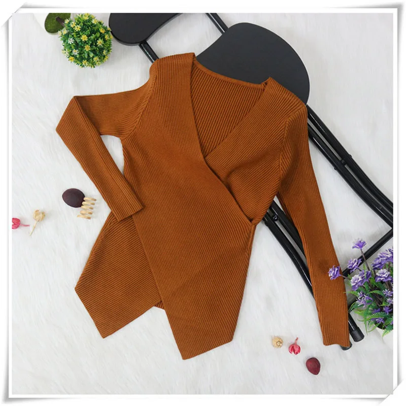 Off-the-shoulder V-neck 6-color sweater women's 2019 stitching cross long-sleeved knit pullover sexy winter knit sweater