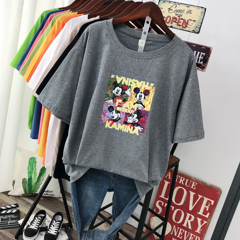 Летняя мультяшная Минни футболка с Микки-Маусом, женские хлопковые милые топы с коротким рукавом и принтом, женские футболки размера плюс, свободная футболка