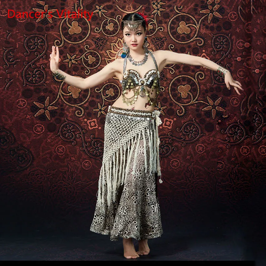 

2019 New Belly Dance Tribal Style Performance Set Hanging Coin Bra Tassel Waistband Long Pants 3pcs Performance Clothing
