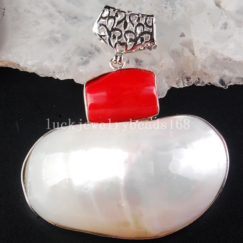 

Free Shipping Women Fashion Jewelry Beautiful White Mother of pearl Shell Red Coral Oval Pendant Bead C3771