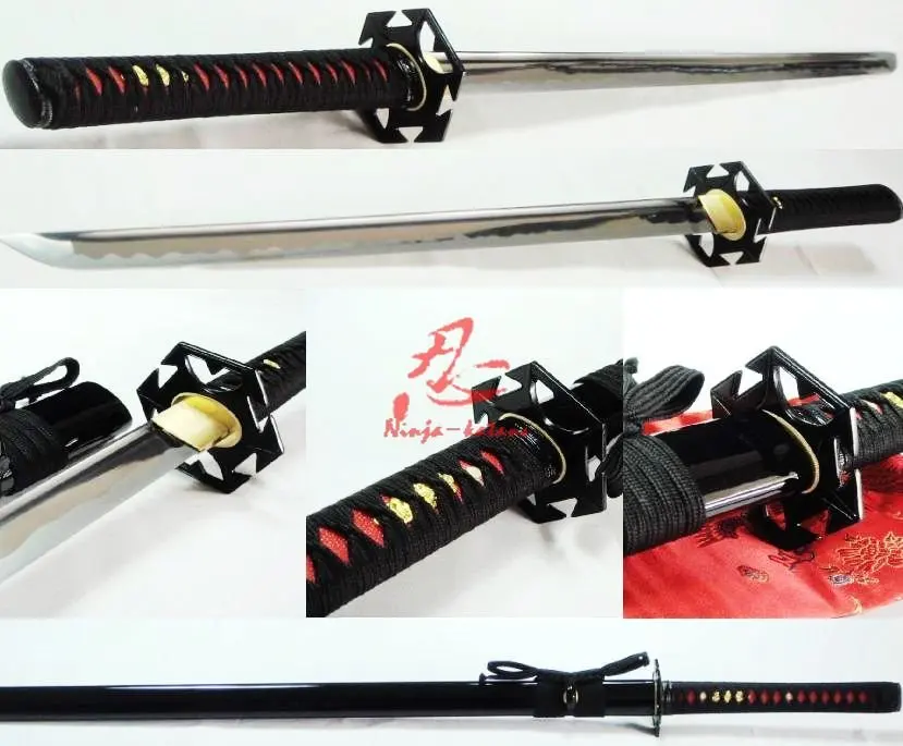 

Battle Ready black japanese ninja sword hexagon tsuba sharpened blade cut bamboo edge
