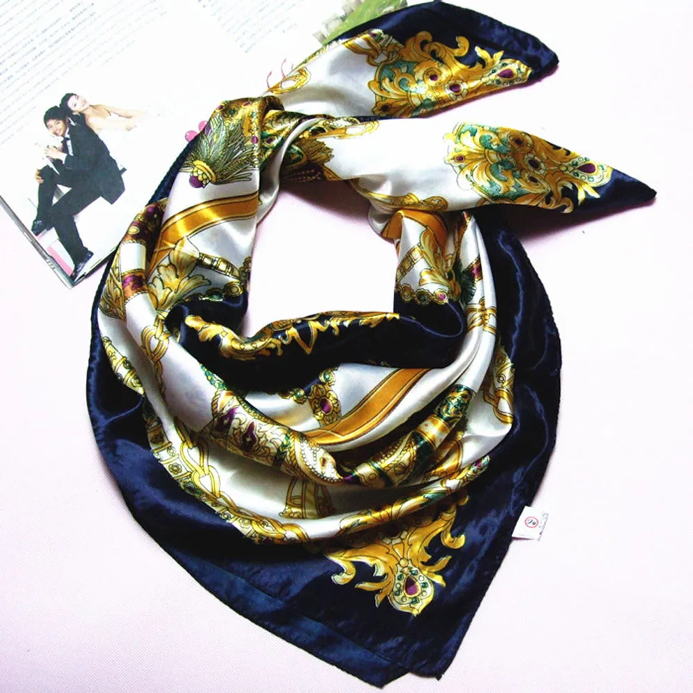 

90*90cm 2019 Fashion Brand Satin Shawl Women Polyester Silk Flower Printed Big Square Scarf Head Wrap Kerchief #1
