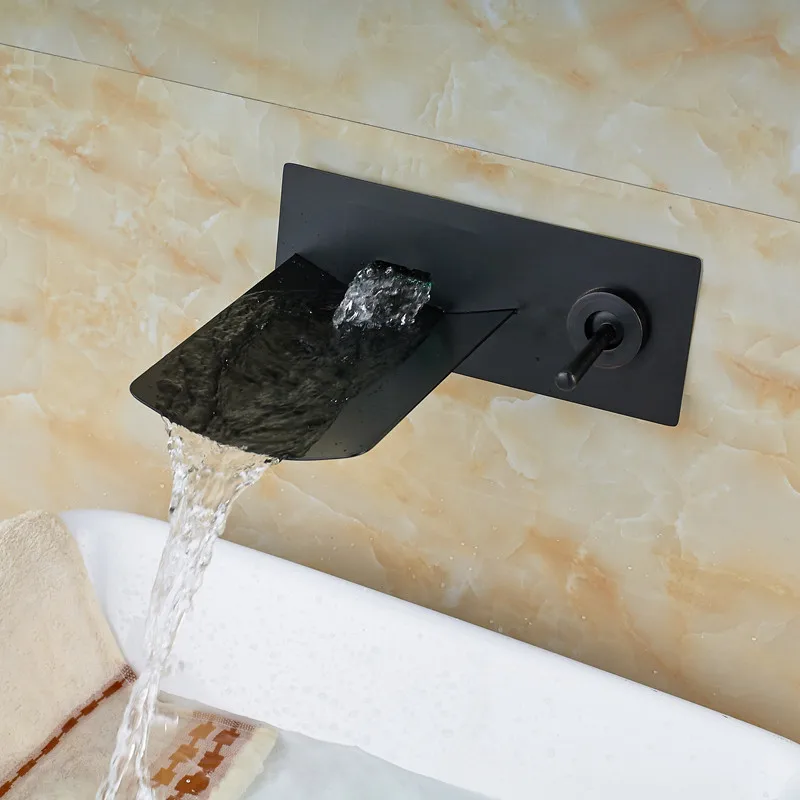 Black Brass Wall Mount Waterfall Type Single Handle Faucet with Color Changing LED Light