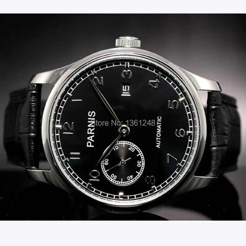 

43mm parnis black dial dateadjust black leather strap ST 2555 movement automatic mens watch P102