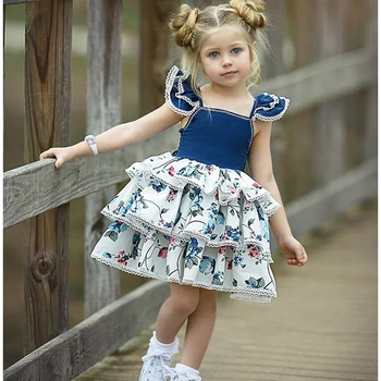 

2019 Summer New Children'S Clothing Square Collar Stand Collar Dress Fashion Pleated Lace Side Layered Dress
