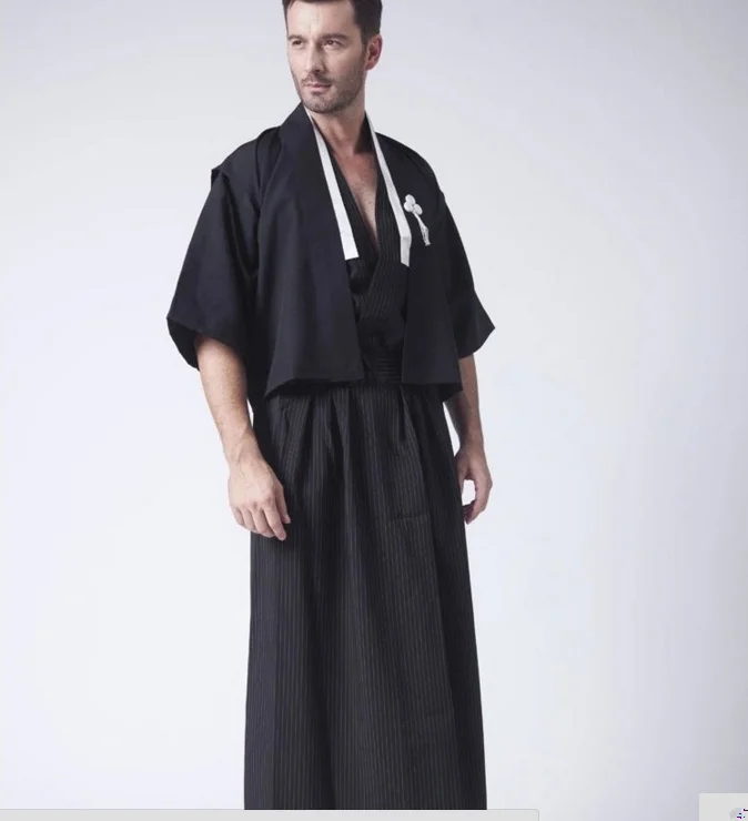 Черное винтажное японское мужское кимоно Haori традиционный Мужской воин юката костюм для Хэллоуина Одежда для выступлений один размер B-066