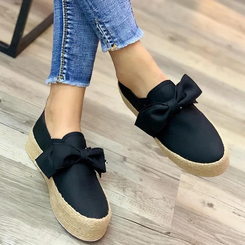 

Autumn Women Flat Platform Shoes Suede Bowtie Hemp Fashion Slip On Ladies Loafers Soft Comfortable Casual Moccasins Plus Size
