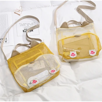 

Cute Women Shopping Mesh Shoulder Bags Handbag Beach Bag Cartoon Cat Beach Tote Messenger Bag