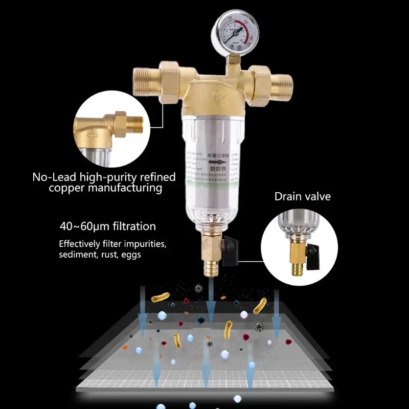 Water Pre Filter System 3/4" 1" Brass Mesh Pre-filter Purifier+ Pressure Gauge+ Reducer Adapter