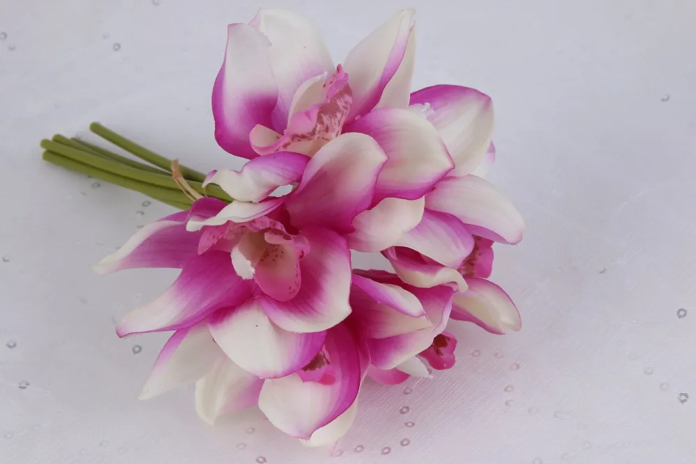 Flone 6 Heads Artificial Cymbidium Flowers Simulation Orchid Bouquet Real Touch Fake Flowers For Wedding Home Party Decoration (11)