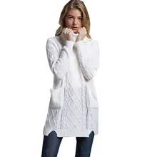 White Turtleneck Sweater Women Big Pockets Front Slit Up Jumper Pullover Sweater Dress Cashmere Knitted Sweaters Long Tops E1942 slit lace up tunic sweater