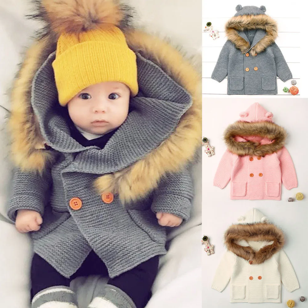 Toddler Baby Sweater Coat Boys Girls Fur Collar Hooded Knitted Tops