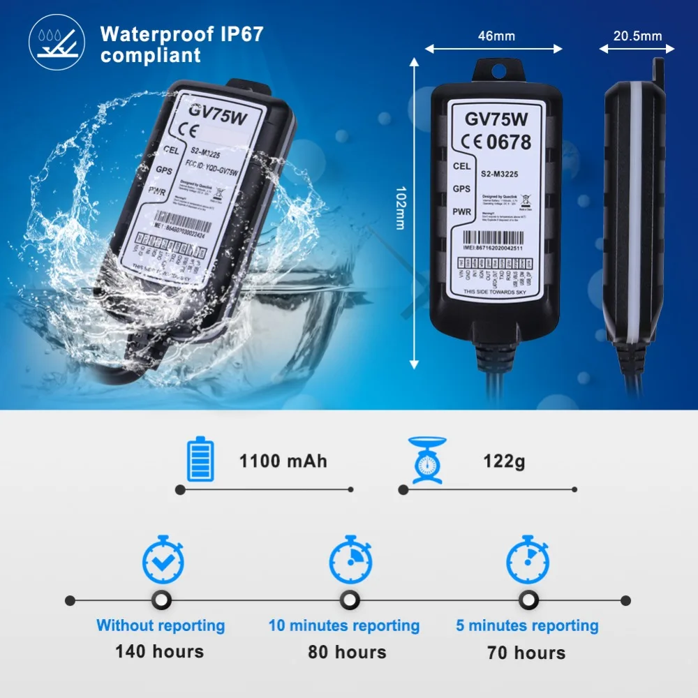 Автомобильный GPS трекер Queclink GV75W 3G WCDMA автомобильный водонепроницаемый IP67 8в 32в
