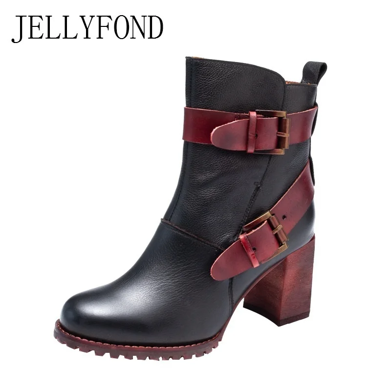 

JELLYFOND Buckle Strap Ankle Boots Women Genuine Leather Platform High Heels Martin Riding Boots 2018 Vintage Autumn Shoes Woman