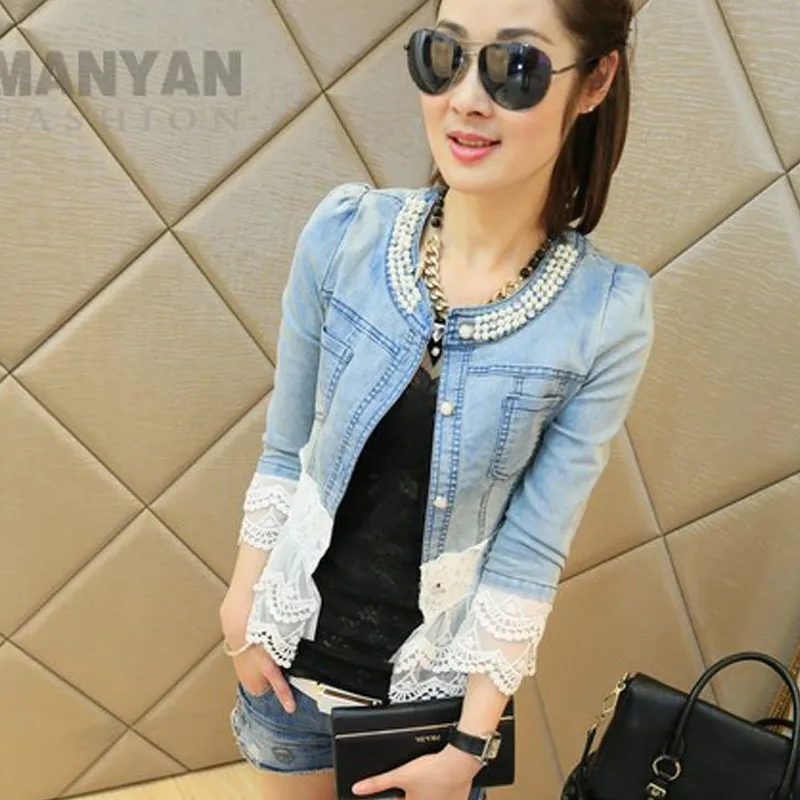 jaqueta jeans com renda e perola