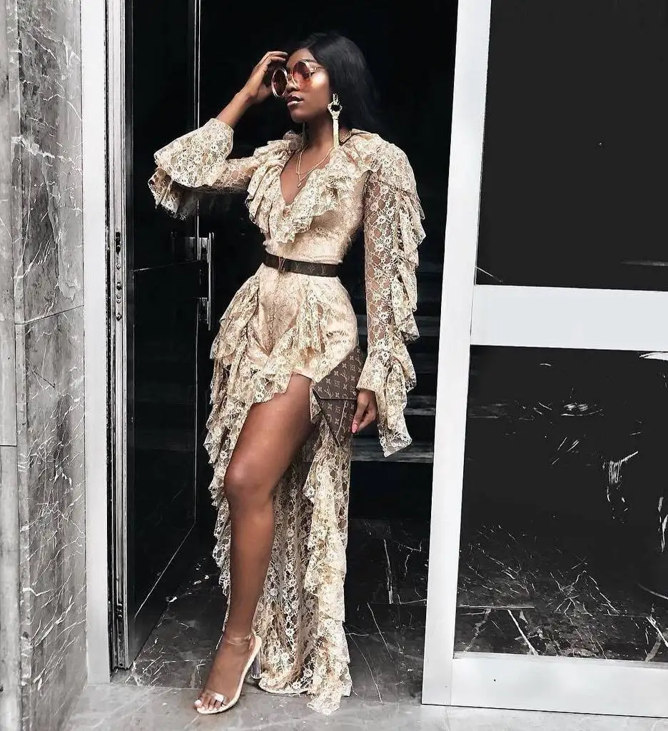 

Khaki and Black Color 2018 New Fashion Long Sleeve Open Folk See-through Jumpsuits Lace Elegant Celebrity Wear