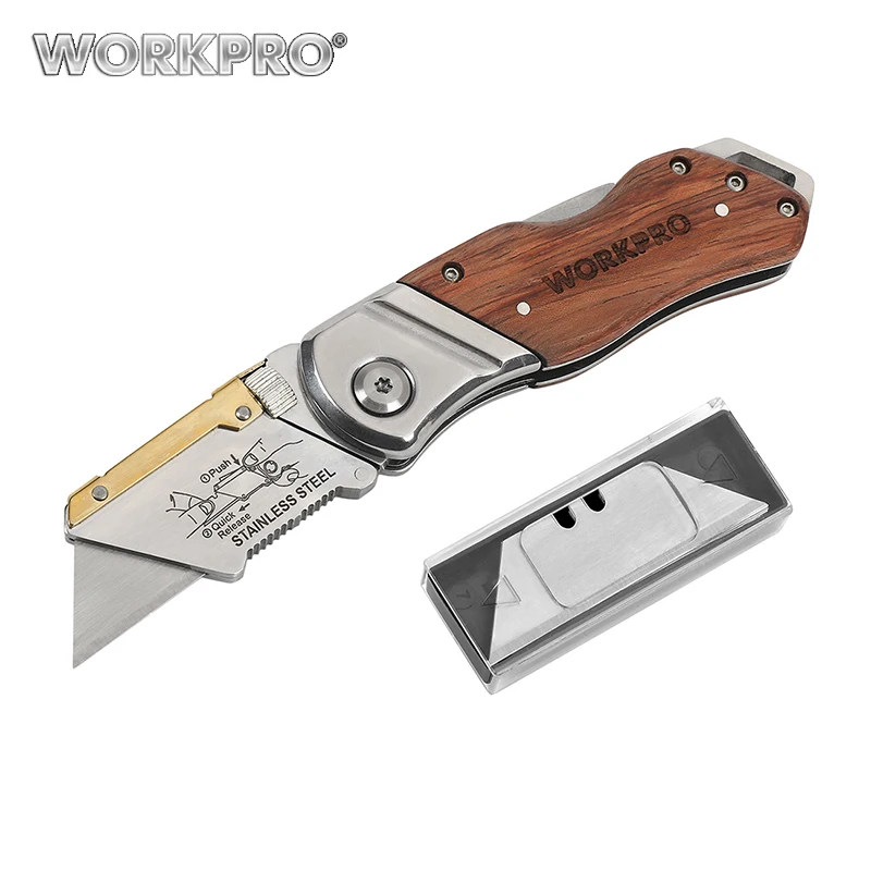WORKPRO Folding Knife Pipe Cutter Pocket Knife Wood Handle Knife with
