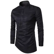 Новинка Мода весна сезон осень, со стоячим воротником пуловер slim fit однотонное с длинным рукавом официанта расширяющееся книзу, с каймой вечернее платье рубашки мужские