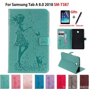 

Case for Samsung Galaxy Tab A 8.0 2018 T387 T387V SM-T387 Cover Funda Tablet Girl Cat Embossed Stand Skin Shell +Stylus+film