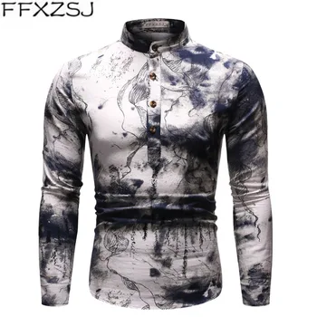 

FFXZSJ men's spring/autumn printed long-sleeved daily breathable linen shirt with stand-up collar and floral shirt European size